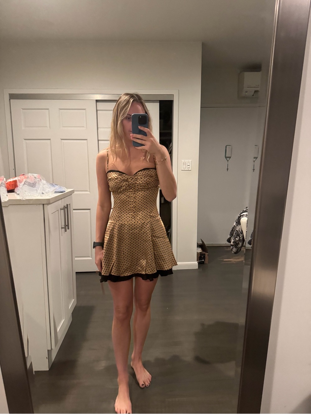 Reformation Polka Dot Tan and Black Spaghetti Strap Fit & Flare Mini Dress - Picture 4 of 5